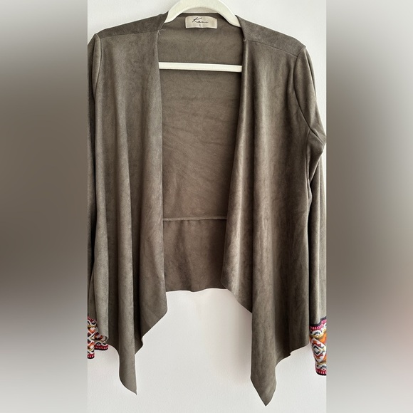 Kaui Suede Cardigan Jacket with Fabric Trim, Army Green/Multi, Size Large - Picture 3 of 15